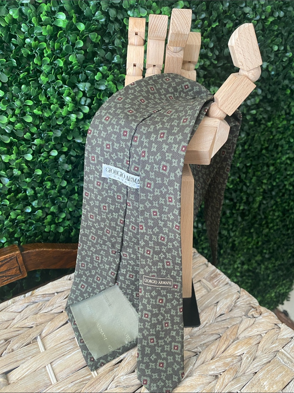 Giorgio Armani Olive Green Tie with Burgundy Accents - Picture 2 of 4